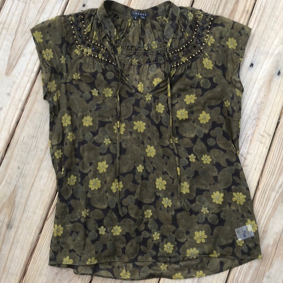 Theory Tops - Theory Sheer Olive Green Beaded Collar Blouse